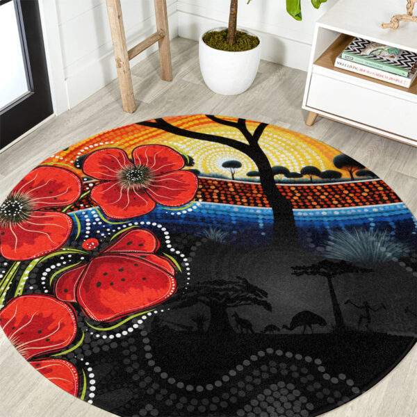 ANZAC Day Australia Poppy Flower Round Carpet Aboriginal Style