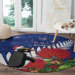 New Zealand Christmas In July Round Carpet Fiordland Penguin With Pohutukawa Flower