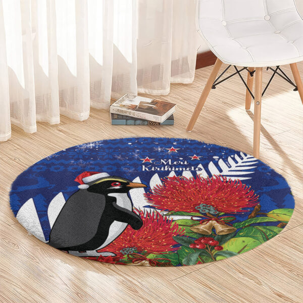 New Zealand Christmas In July Round Carpet Fiordland Penguin With Pohutukawa Flower