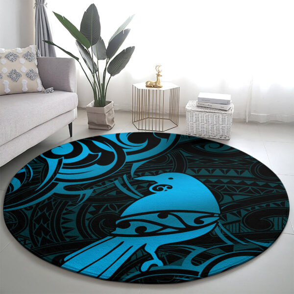 New Zealand Tui Bird Round Carpet Aotearoa Maori Pattern - Blue