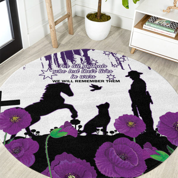 Australia Animal Heroes ANZAC Round Carpet Purple Poppy We Will Remember Them