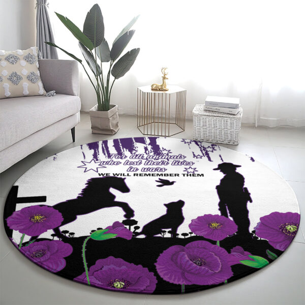 Australia Animal Heroes ANZAC Round Carpet Purple Poppy We Will Remember Them