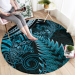 New Zealand Lizard Round Carpet Silver Fern Aotearoa Maori Blue Version