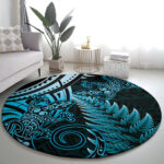 New Zealand Lizard Round Carpet Silver Fern Aotearoa Maori Blue Version