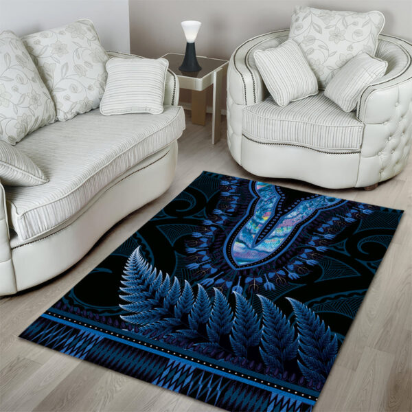 Blue African Dashiki With Aotearoa Maori Area Rug Paua Shell Mix Silver Fern LT14