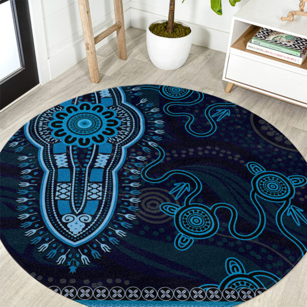 Blue African Dashiki With Australia Aboriginal Art Round Carpet