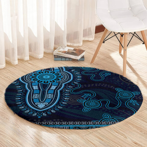 Blue African Dashiki With Australia Aboriginal Art Round Carpet