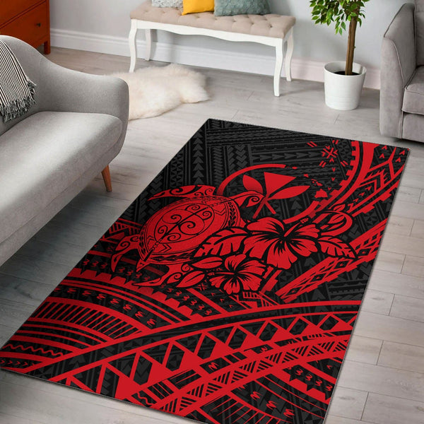 Hawaii Turtle With Hibiscus Tribal Red Area Rug - Lynsiley