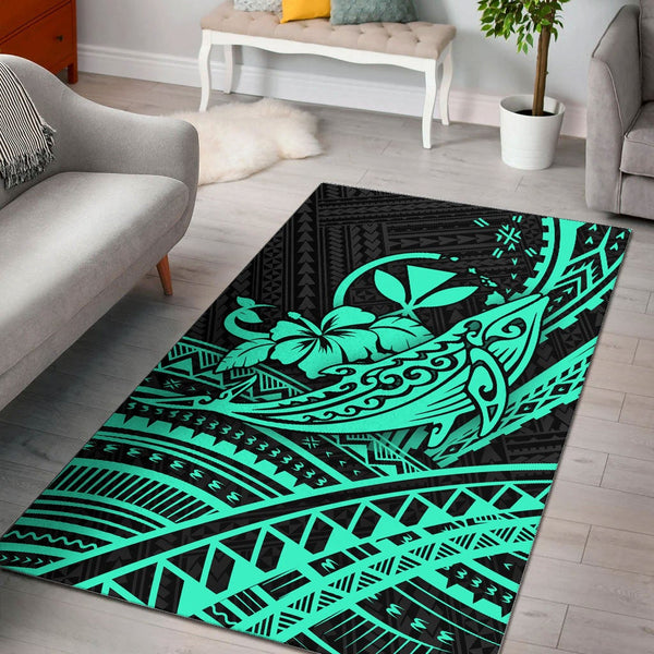 Hawaii Humpback Whale With Hibiscus Tribal Turquoise Area Rug - Lynsiley