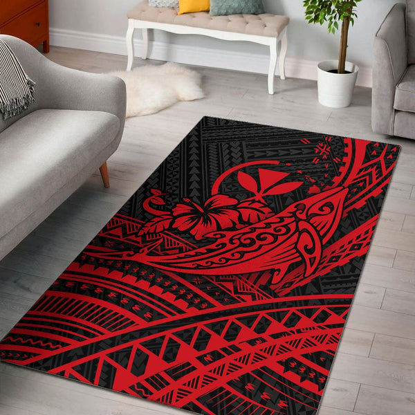 Hawaii Humpback Whale With Hibiscus Tribal Red Area Rug - Lynsiley