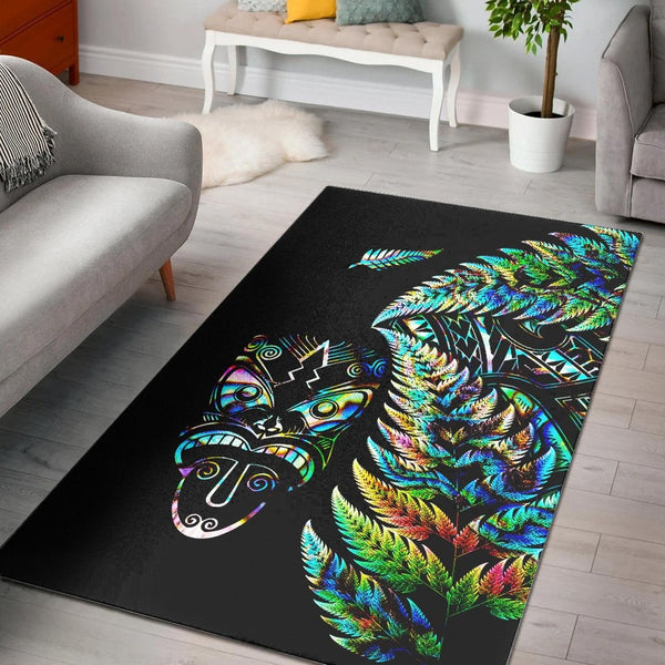 New Zealand Haka Rugby Maori Area Rug Silver Fern Vibes Paua Shell - Lynsiley