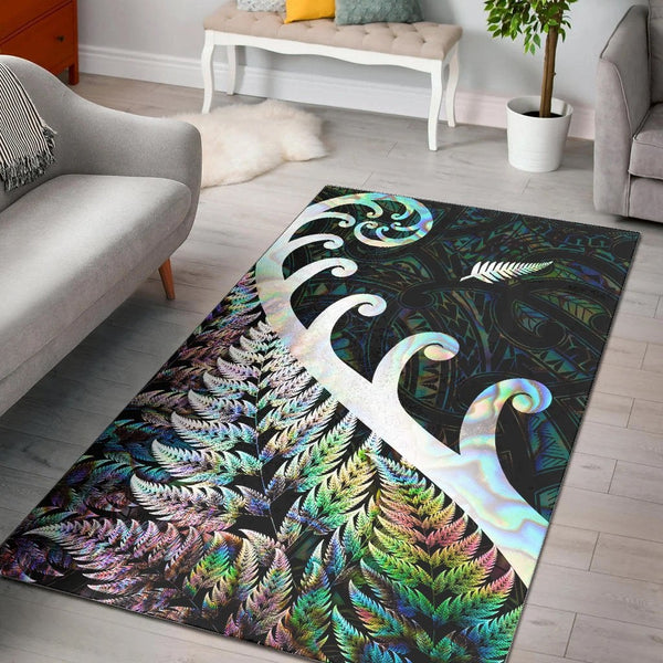 New Zealand Rugby Maori Area Rug Silver Fern Koru Vibes Paua Shell - Lynsiley