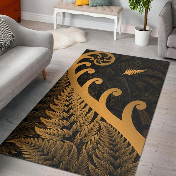 New Zealand Rugby Maori Area Rug Silver Fern Koru Vibes Gold - Lynsiley