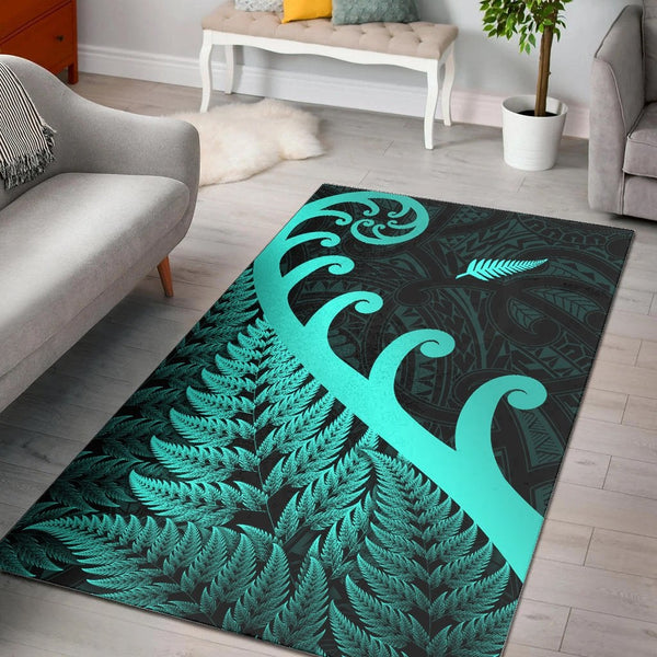 New Zealand Rugby Maori Area Rug Silver Fern Koru Vibes Turquoise - Lynsiley