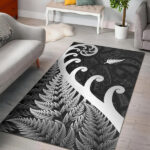 New Zealand Rugby Maori Area Rug Silver Fern Koru Vibes Black - Lynsiley