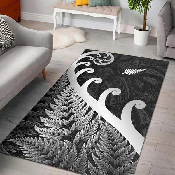 New Zealand Rugby Maori Area Rug Silver Fern Koru Vibes Black - Lynsiley