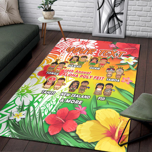 Custom Personalised Aloha Poly Fest Area Rug Polynesian Pattern With Tropical Flowers - Lynsiley