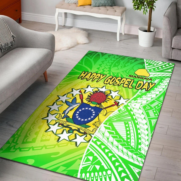 Happy Mangaia Gospel Day Area Rug Cook Islands Coat of Arms Polynesian Pattern - Lynsiley