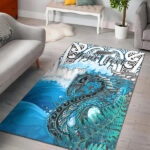 Custom Personalised Manaia Maori Area Rug Fern Aotearoa Blue Waves - Lynsiley