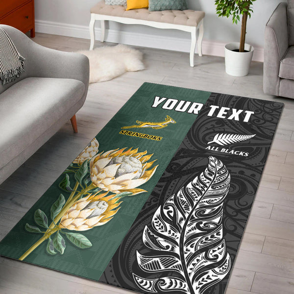 Custom Personalised South Africa Protea and New Zealand Fern Area Rug Rugby Go Springboks vs All Black - Lynsiley