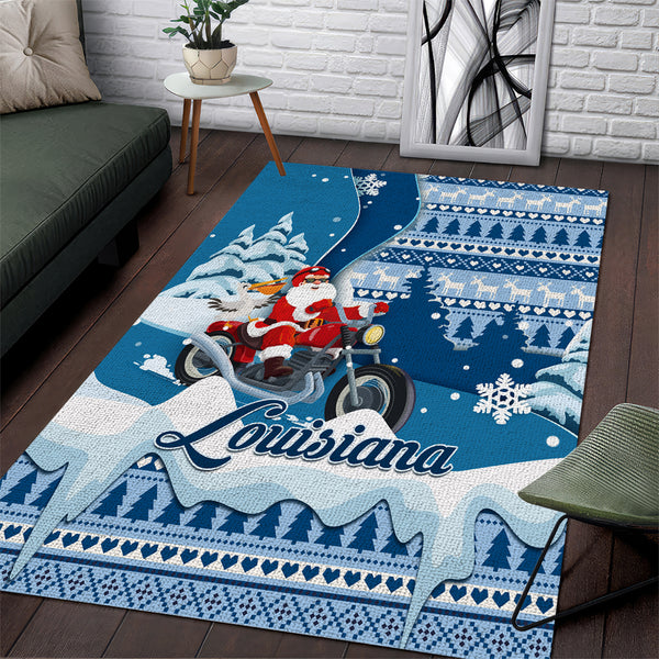 Custom Louisiana Christmas Area Rug Santa Claus Riding Motorcycle With Pelican - Lynsiley