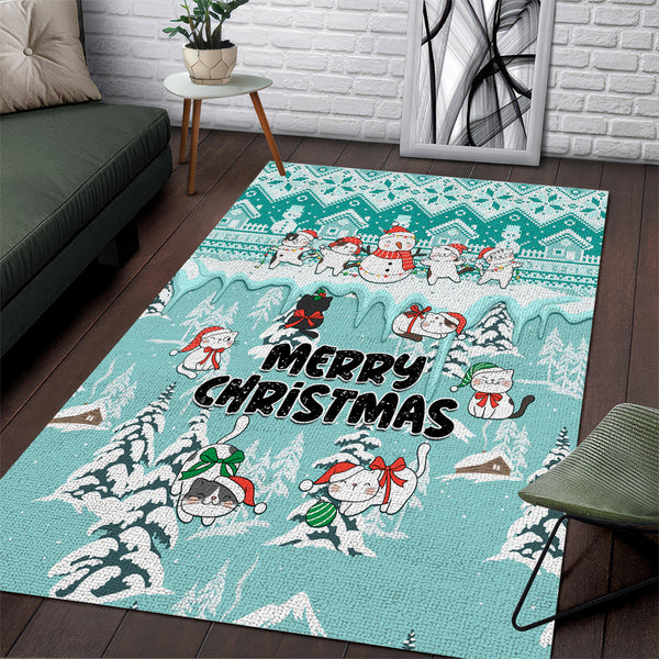 Custom Cat Christmas Area Rug Cat With Snowman In Winter Scene - Lynsiley