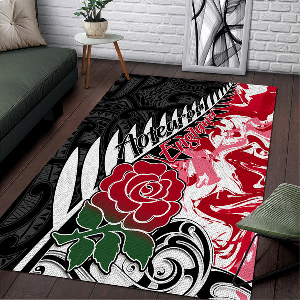 Custom New Zealand and England Rugby Area Rug Silver Fern With Red Rose World Cup 2023 - Lynsiley