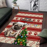 Custom Dog Christmas Area Rug Cute Pug Dog With Xmas Tree - Lynsiley