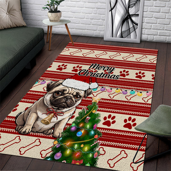 Custom Dog Christmas Area Rug Cute Pug Dog With Xmas Tree - Lynsiley
