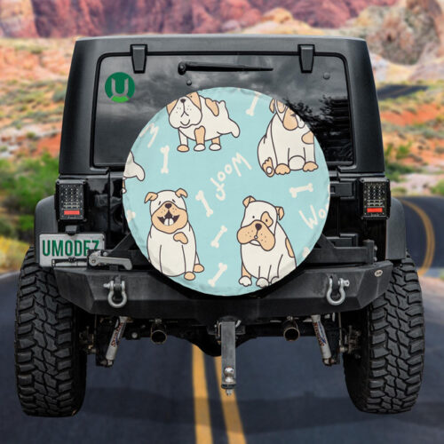 Cute English Bulldogs On Light Blue Background Spare Tire Cover - Jeep Tire Covers - Lynsiley