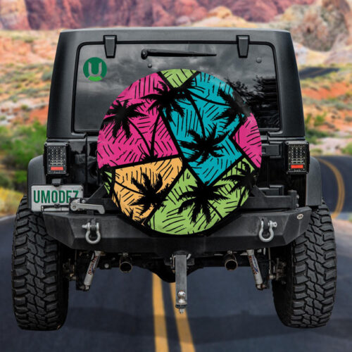 Abstract Colorful Geometry Pattern With Black Palm Trees Silhouette Spare Tire Cover - Jeep Tire Covers - Lynsiley