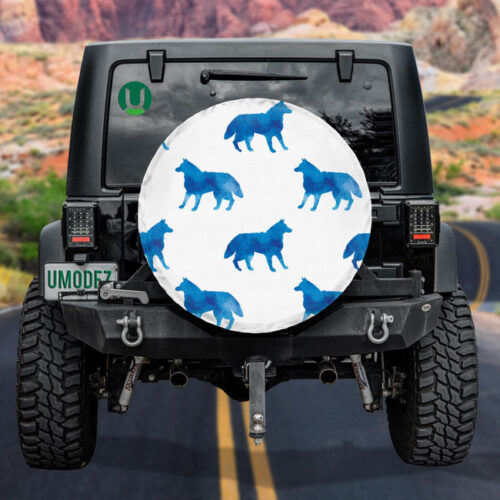 Blue Beautiful With Watercolor Silhouette Of A Wolf Spare Tire Cover - Jeep Tire Covers - Lynsiley