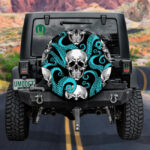 Sinister Human Skull And Blue Octopus Spare Tire Cover - Jeep Tire Covers - Lynsiley