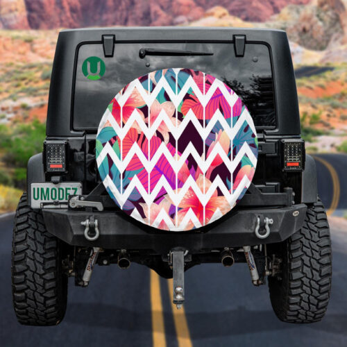 Abstract Chevron Zigzag Pattern With Colorful Tropical Leaf Spare Tire Cover - Jeep Tire Covers - Lynsiley
