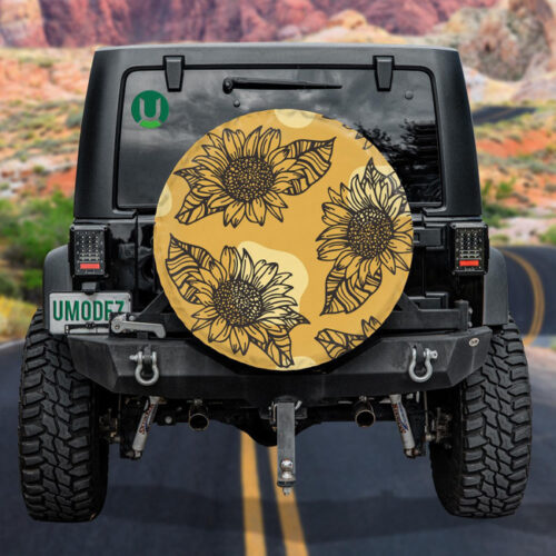 Abstract Geometric Outline Sunflowers And Leaves Pattern Spare Tire Cover - Jeep Tire Covers - Lynsiley
