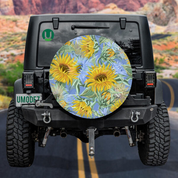 Acrylic Painting Aqua Blue And Yellow Sunflowers Pattern Spare Tire Cover - Jeep Tire Covers - Lynsiley