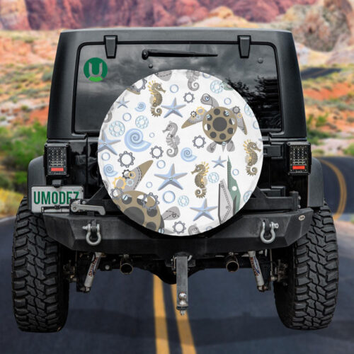 Abstract Sea Horses And Turtles Steampunk Style Spare Tire Cover - Jeep Tire Covers - Lynsiley