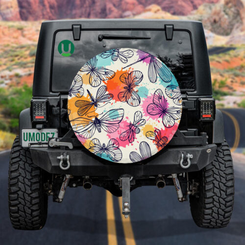 Abstract Colorful Neon Butterflies And Dragonflies Spare Tire Cover - Jeep Tire Covers - Lynsiley