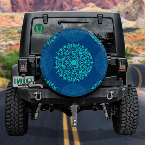 Round Madala Ornament On Dark Blue Background Spare Tire Cover - Jeep Tire Covers - Lynsiley