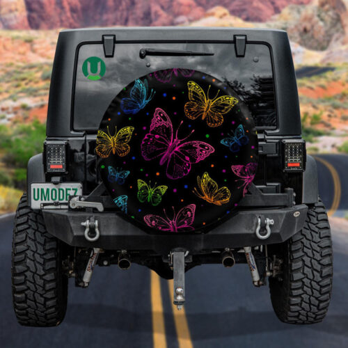 Abstract Neon Pink Blue And Purple Butterfly Silhouette Spare Tire Cover - Jeep Tire Covers - Lynsiley