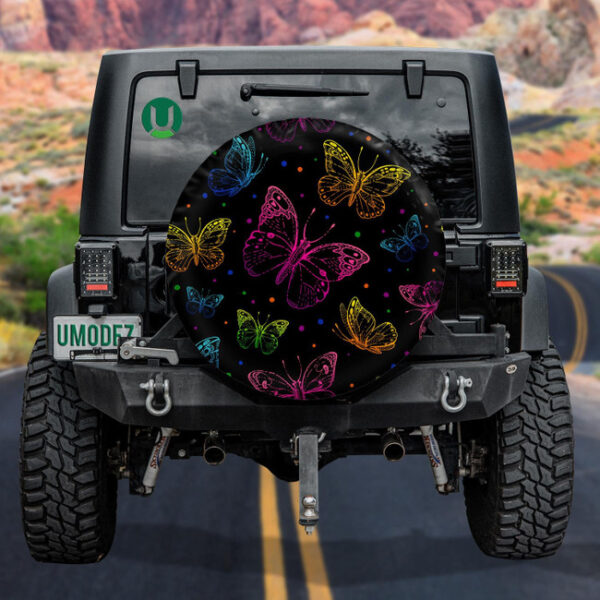 Abstract Neon Pink Blue And Purple Butterfly Silhouette Spare Tire Cover - Jeep Tire Covers - Lynsiley