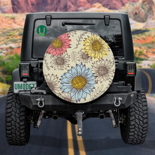 Red Yellow And Blue Sketch Sunflowers And Fern Spare Tire Cover - Jeep Tire Covers - Lynsiley