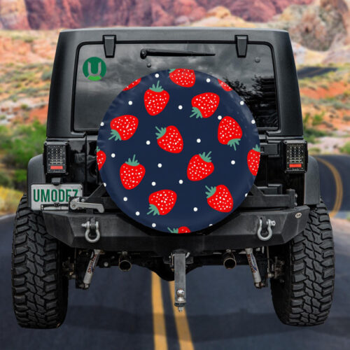 Ripe Strawberries White Dots On Dark Blue Background Spare Tire Cover - Jeep Tire Covers - Lynsiley