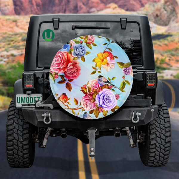 Colorful Rose Branch And Bird On Light Blue Theme Design Spare Tire Cover - Jeep Tire Covers - Lynsiley