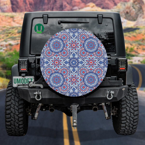 Laced Decorative Mandala Background With Blue And Red Floral Spare Tire Cover - Jeep Tire Covers - Lynsiley