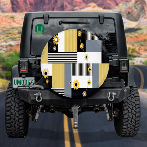 Abstract Striped Golden Rectangles And Flower On Black Background Spare Tire Cover - Jeep Tire Covers - Lynsiley