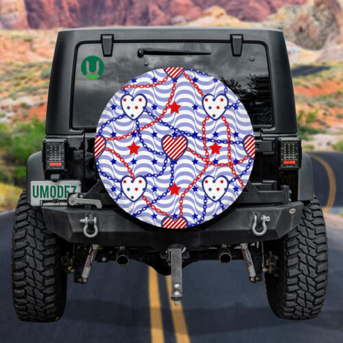 Pastel Blue Wavy Background With Chains Hearts And Stars Spare Tire Cover - Jeep Tire Covers - Lynsiley