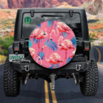 Pink Flamingo With Blue Aralia And Areca Leaves Spare Tire Cover - Jeep Tire Covers - Lynsiley