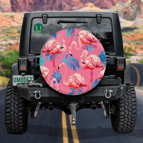 Pink Flamingo With Blue Aralia And Areca Leaves Spare Tire Cover - Jeep Tire Covers - Lynsiley