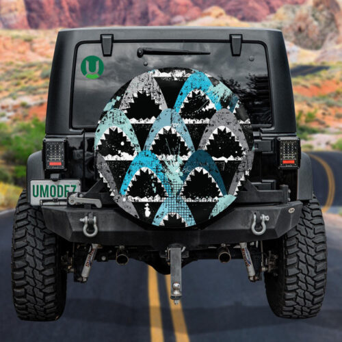 Grunge Blue And Grey Shark Mouth On Black Background Spare Tire Cover - Jeep Tire Covers - Lynsiley